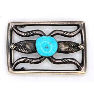 Pete Morgan Signed Sandcast Sterling Silver Turquoise Navajo Belt Buckle